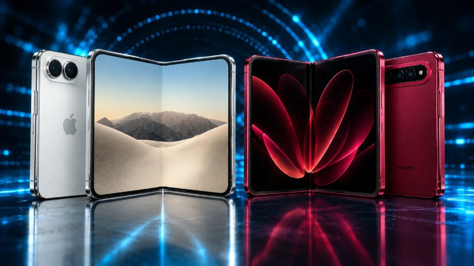 iPhone Duo e Xiaomi 18 Fold abertos lado a lado sob iluminação ciano em fundo escuro