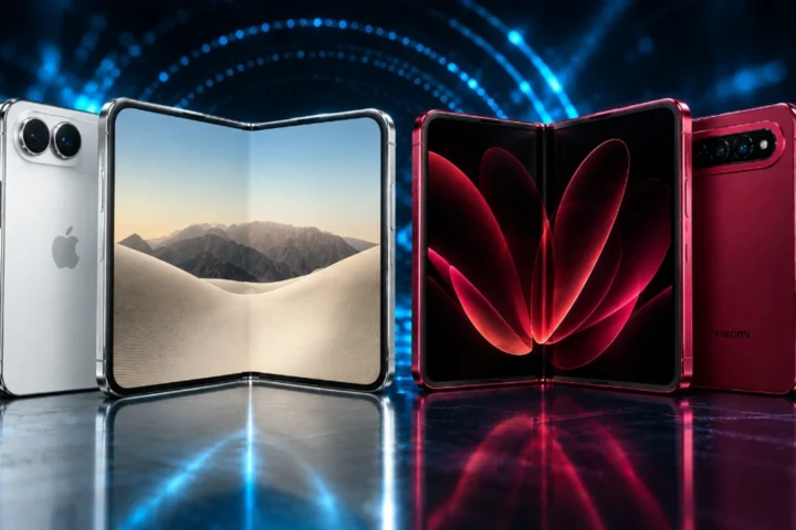 iPhone Duo e Xiaomi 18 Fold abertos lado a lado sob iluminação ciano em fundo escuro
