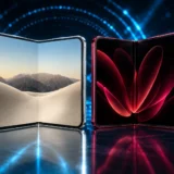 iPhone Duo and Xiaomi 18 Fold open side by side under cyan lighting on a dark background