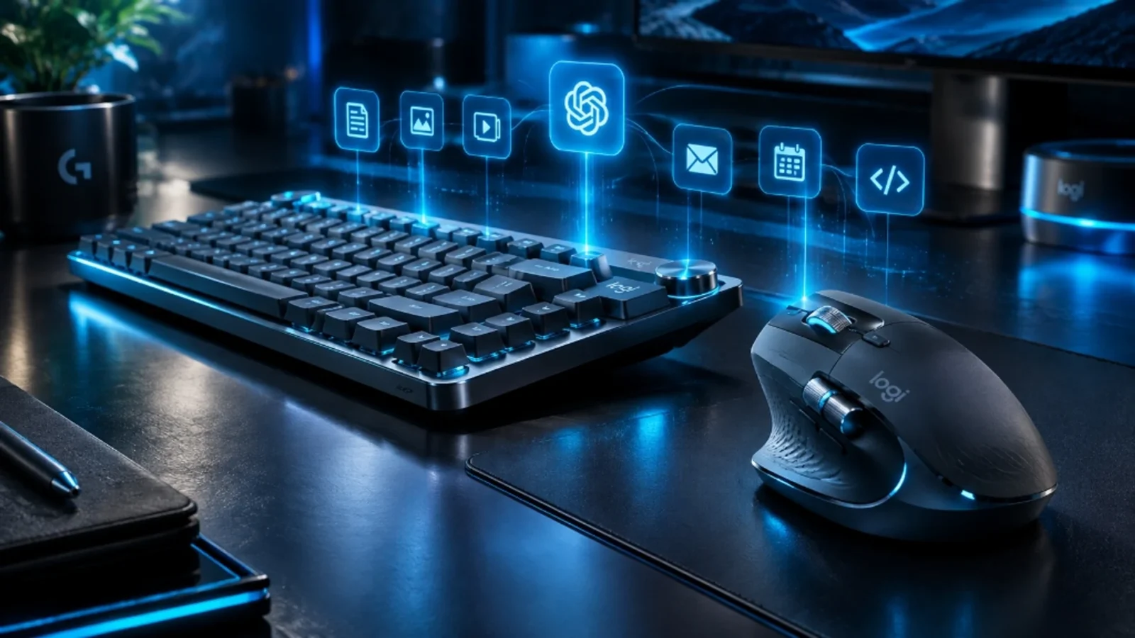 Logitech MX Master 4S mouse and MX Mechanical 2 keyboard on dark executive desk with AI shortcut nodes