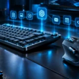 Logitech MX Master 4S mouse and MX Mechanical 2 keyboard on dark executive desk with AI shortcut nodes