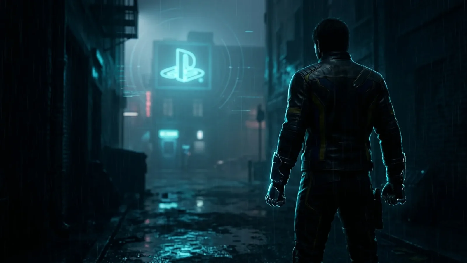 Wolverine with adamantium claws glowing in cyan light in a dark city alley, Insomniac style
