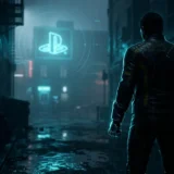 Wolverine with adamantium claws glowing in cyan light in a dark city alley, Insomniac style