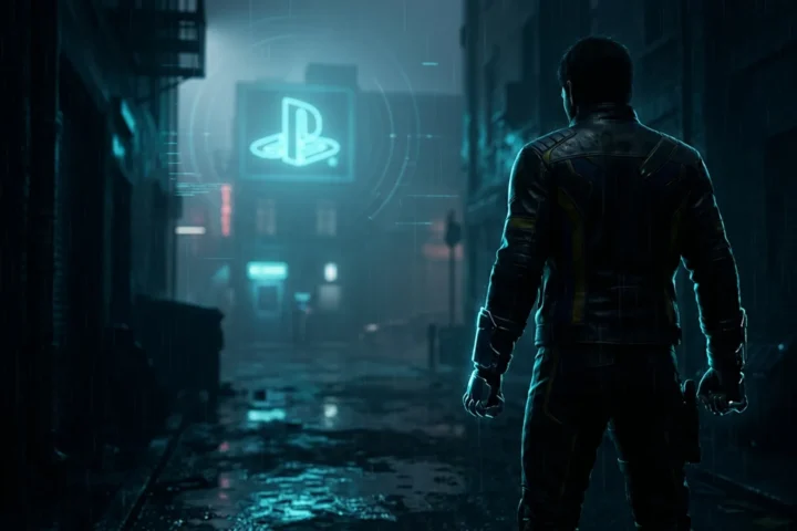 Wolverine com garras de adamantium brilhando em luz ciano, em beco escuro de cidade ao estilo Insomniac