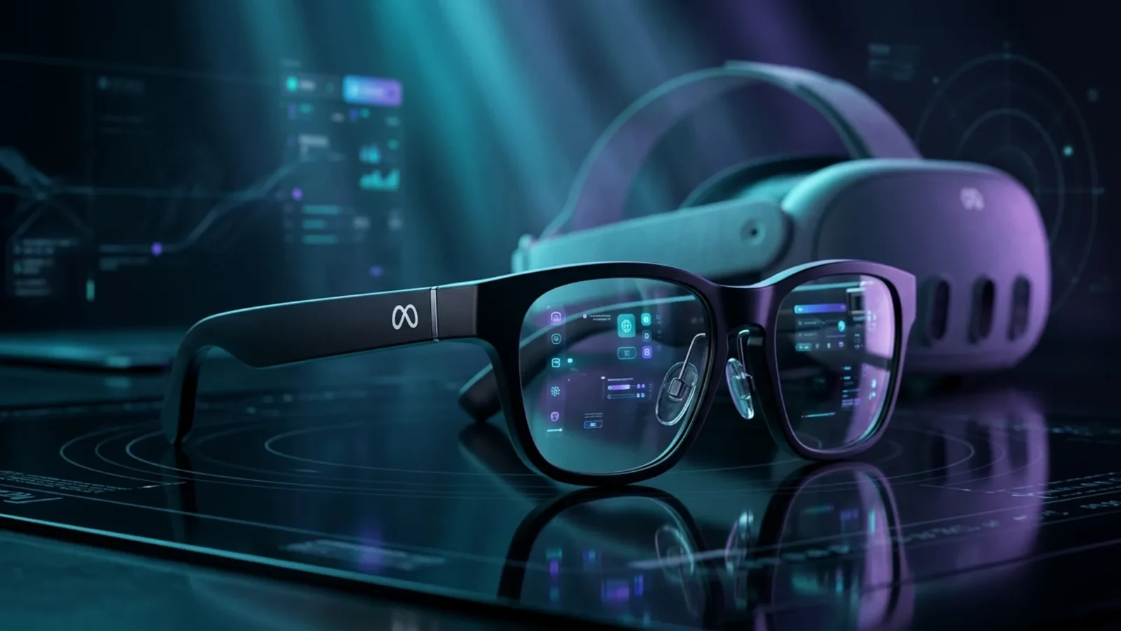 Óculos inteligentes da Meta com lentes refletindo interface holográfica ciano em ambiente escuro