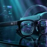 Meta smart glasses with lenses reflecting a cyan holographic interface in a dark setting