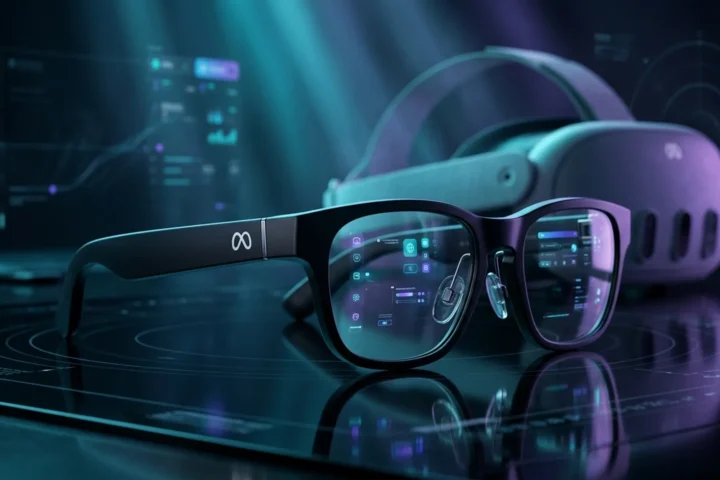 Meta smart glasses with lenses reflecting a cyan holographic interface in a dark setting