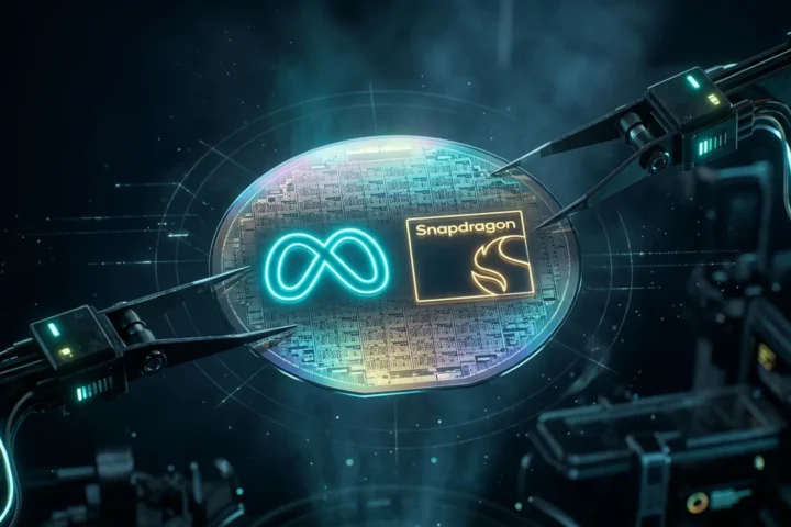 Wafer de silício de 2 nm com os logotipos oficiais da Meta e Qualcomm Snapdragon brilhando em ciano e ouro