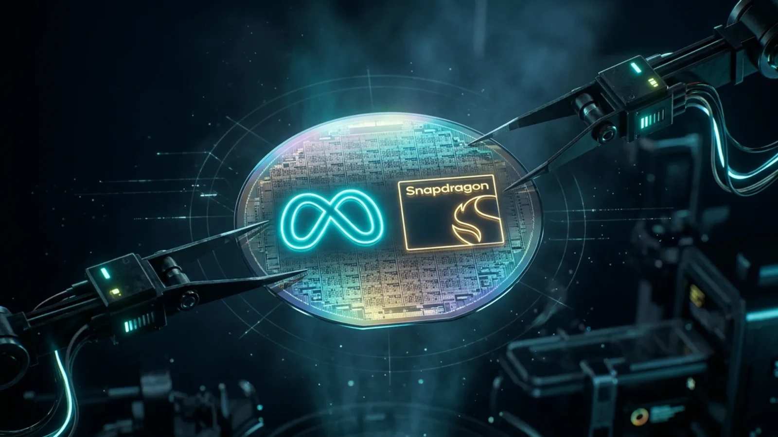 Advanced 2nm silicon wafer held by robotic micro-tweezers with Meta and Qualcomm logos glowing