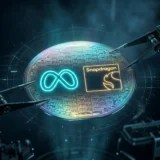Advanced 2nm silicon wafer held by robotic micro-tweezers with Meta and Qualcomm logos glowing
