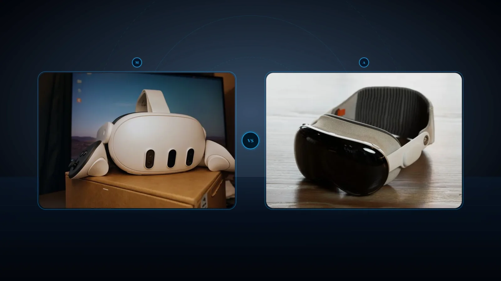 Headsets Meta Quest 3S e Apple Vision SE lado a lado em bancada de testes de alumínio escuro