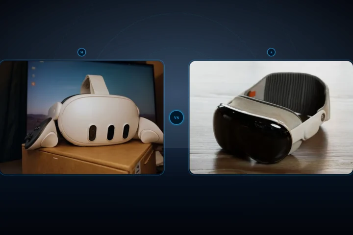 Headsets Meta Quest 3S e Apple Vision SE lado a lado em bancada de testes de alumínio escuro
