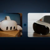 Meta Quest 3S and Apple Vision SE headsets side by side on dark brushed aluminum workbench