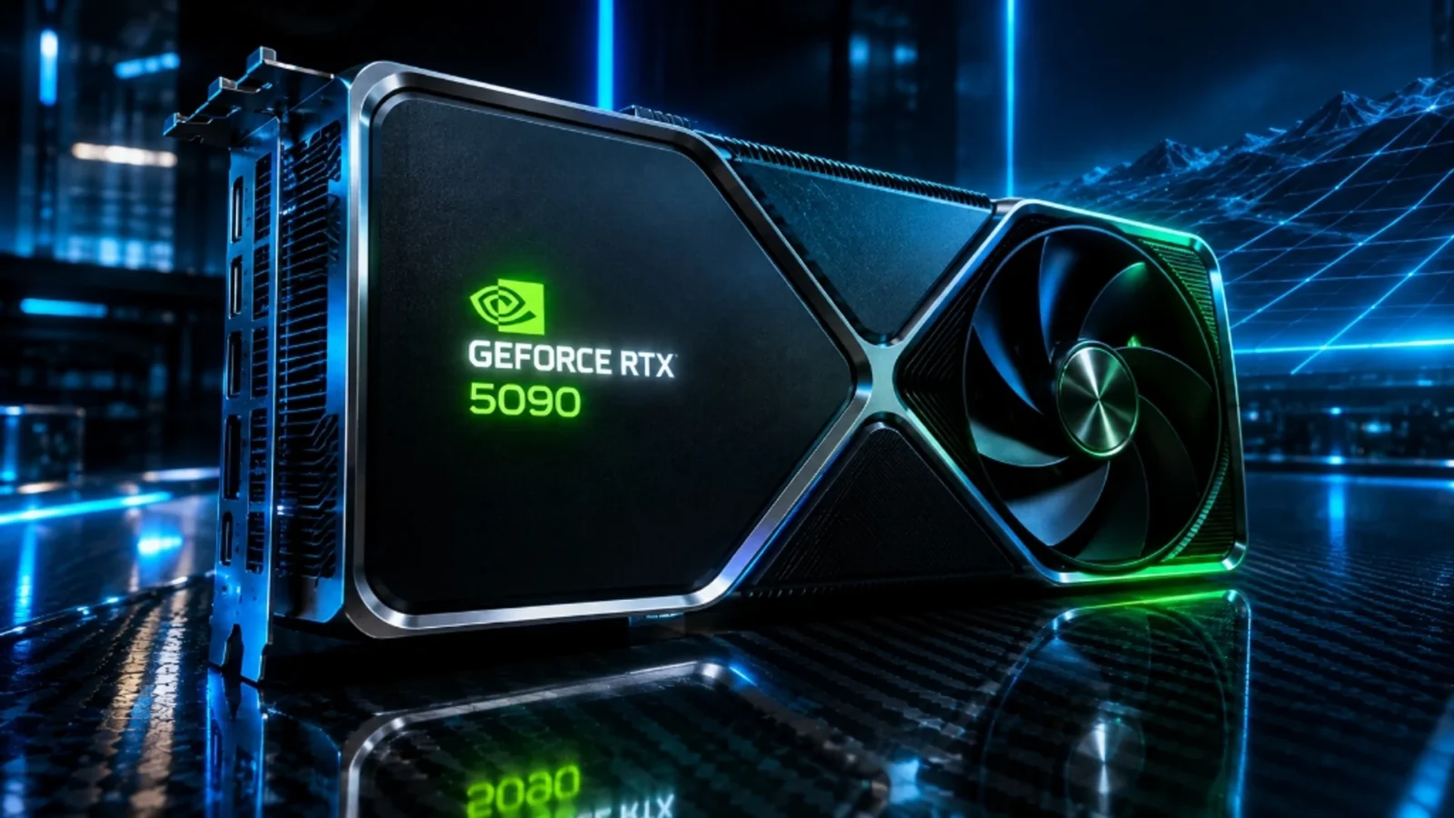 Placa de vídeo NVIDIA GeForce RTX 5090 Founders Edition com iluminação neon verde e ciano