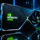 Placa de vídeo NVIDIA GeForce RTX 5090 Founders Edition com iluminação neon verde e ciano