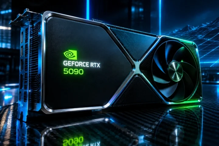 Placa de vídeo NVIDIA GeForce RTX 5090 Founders Edition com iluminação neon verde e ciano