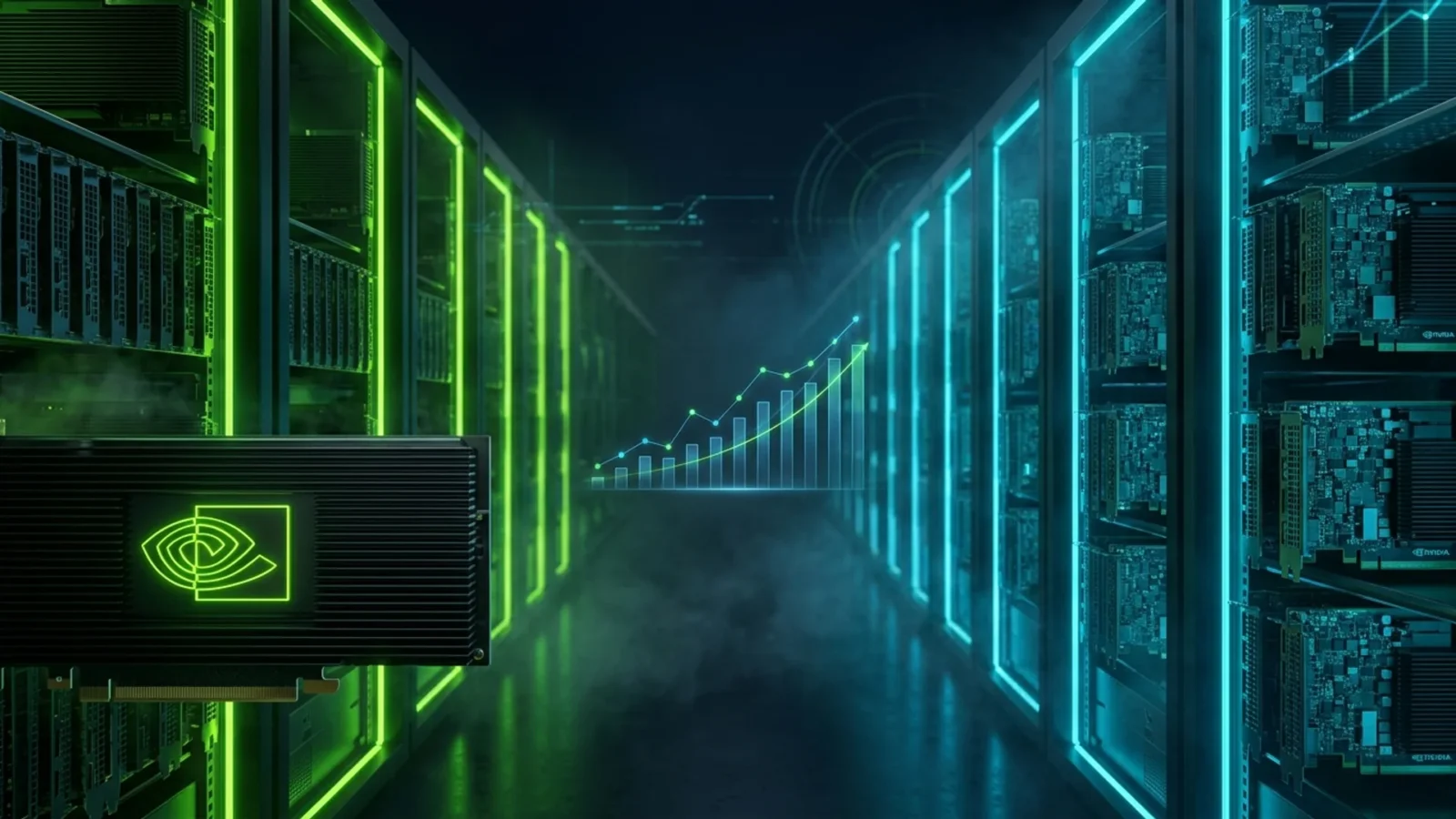 Fileiras de GPUs Nvidia empilhadas em data center escuro com luz verde e ciano, logo da Nvidia em destaque