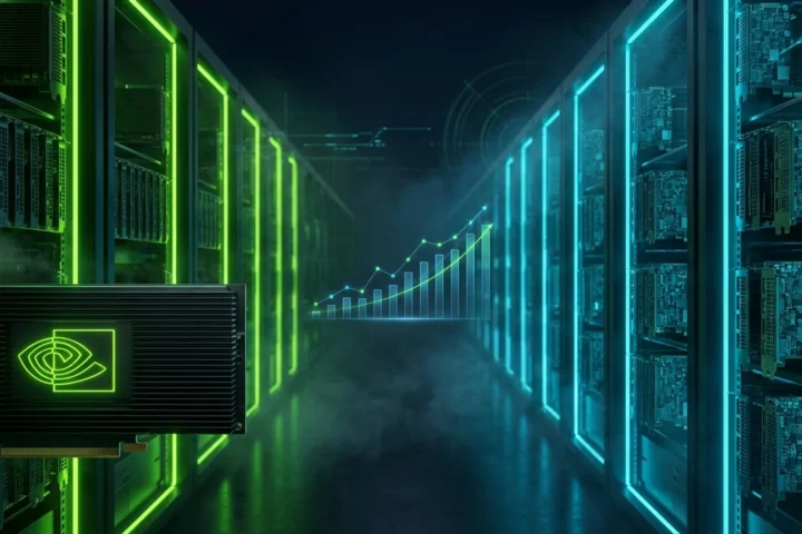 Rows of Nvidia GPUs stacked in a dark data center with green and cyan light, Nvidia logo prominent