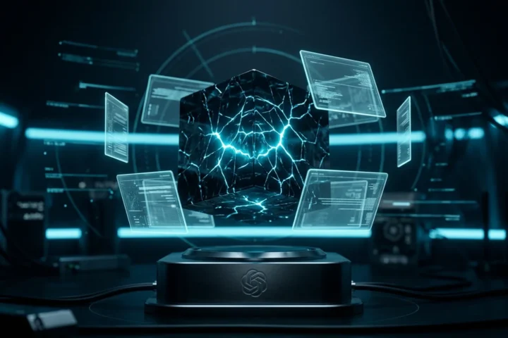 Núcleo de IA escuro com fissuras de luz ciano e relatórios flutuando, ilustrando incidentes de desalinhamento da OpenAI