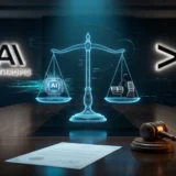 Balança holográfica entre um chip de IA acelerando e um freio, com luz ciano e a bandeira dos EUA ao fundo