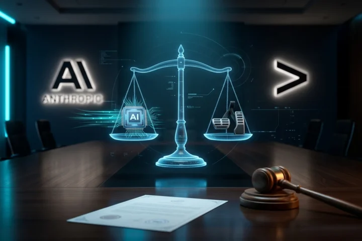 Holographic scale between an accelerating AI chip and a brake, cyan light, U.S. flag in the background