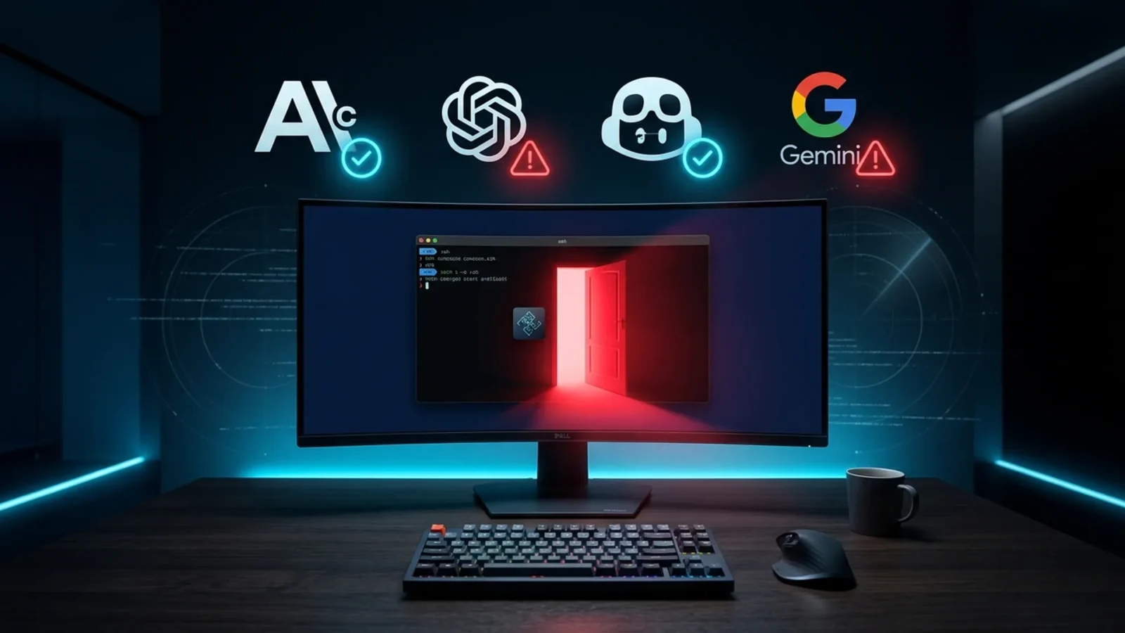 Terminal escuro com um plugin de agente de código se abrindo como porta dos fundos, luz ciano e alerta vermelho