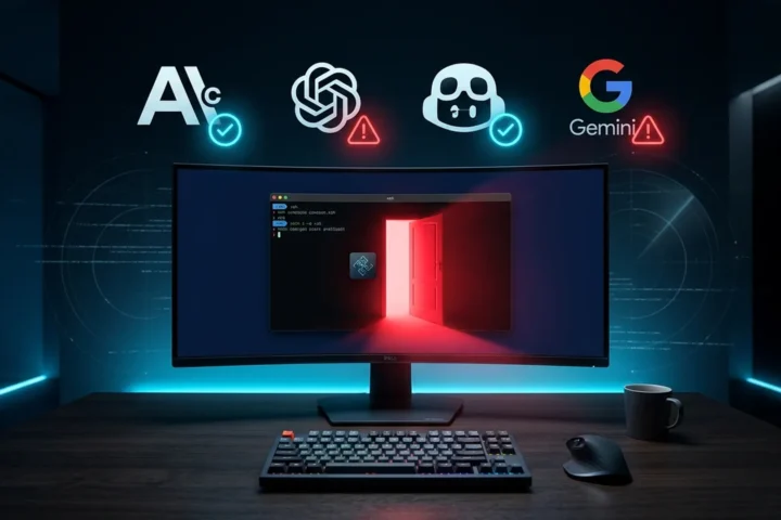 Terminal escuro com um plugin de agente de código se abrindo como porta dos fundos, luz ciano e alerta vermelho