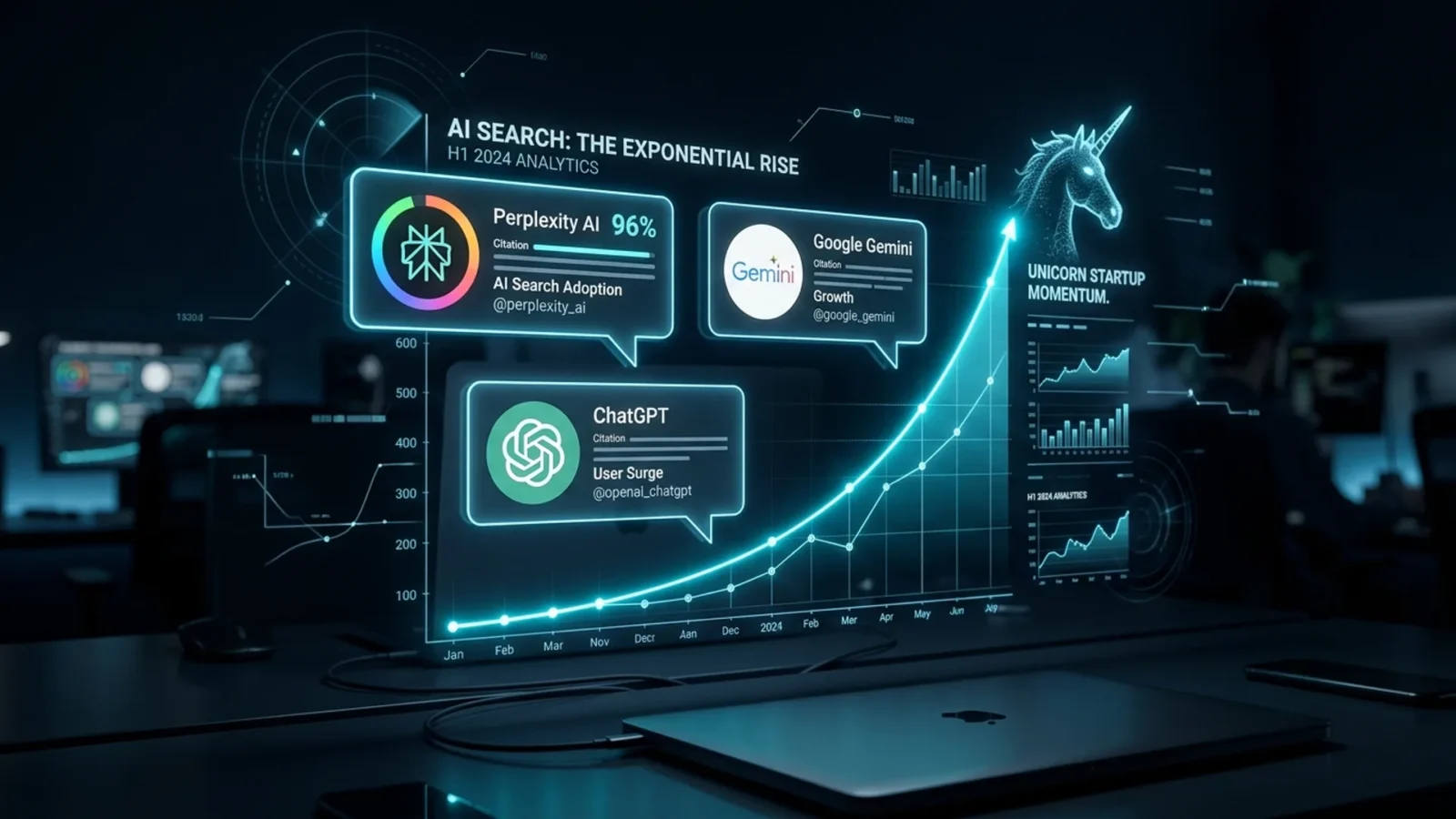 Painel holográfico ciano mostrando marcas sendo citadas por assistentes de IA, ilustrando a startup Profound