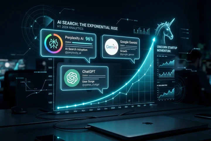 Painel holográfico ciano mostrando marcas sendo citadas por assistentes de IA, ilustrando a startup Profound