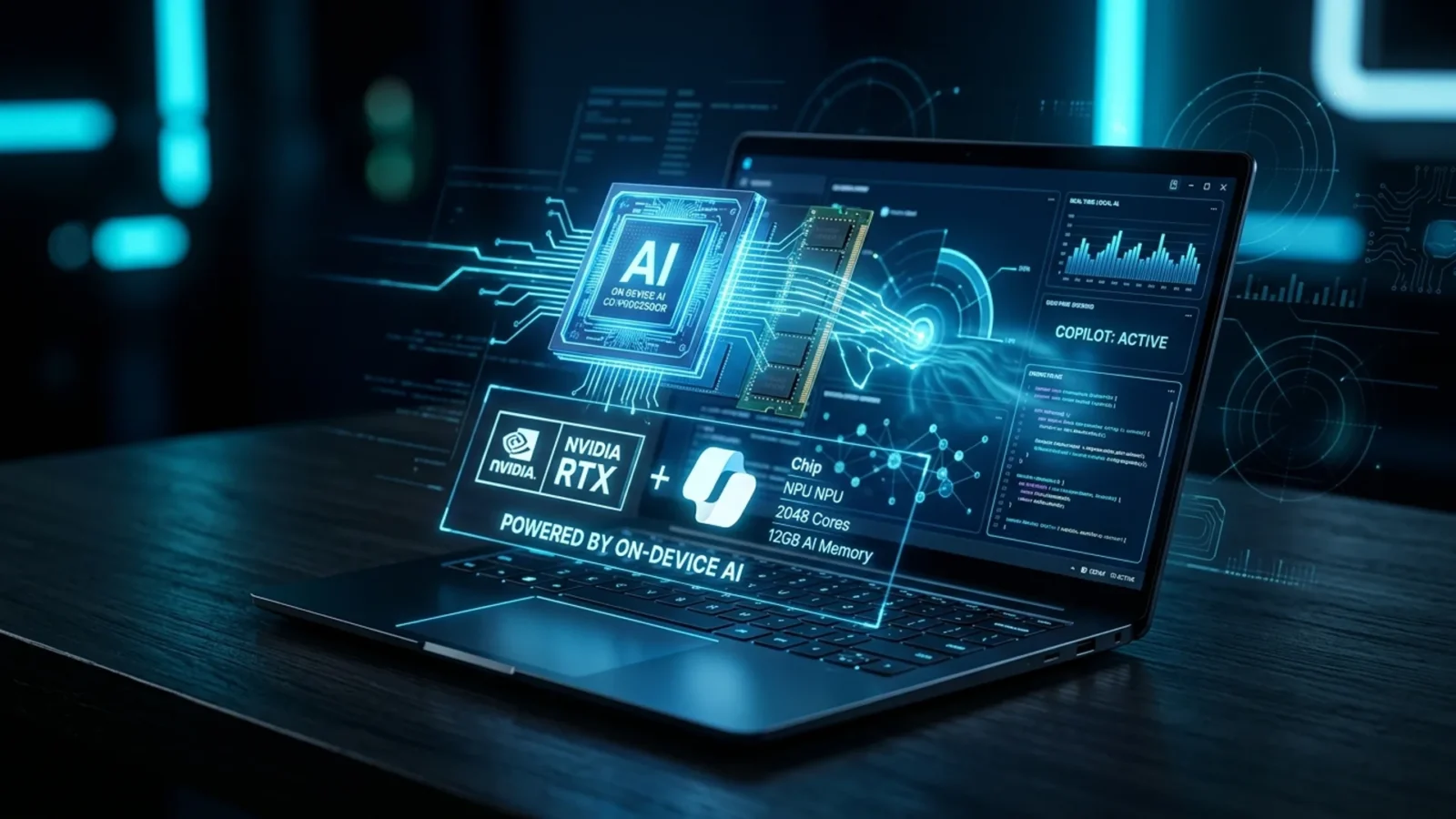 Open laptop with a holographic cyan chip floating above the keyboard, representing the Project Zenith local-AI PC