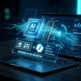 Open laptop with a holographic cyan chip floating above the keyboard, representing the Project Zenith local-AI PC