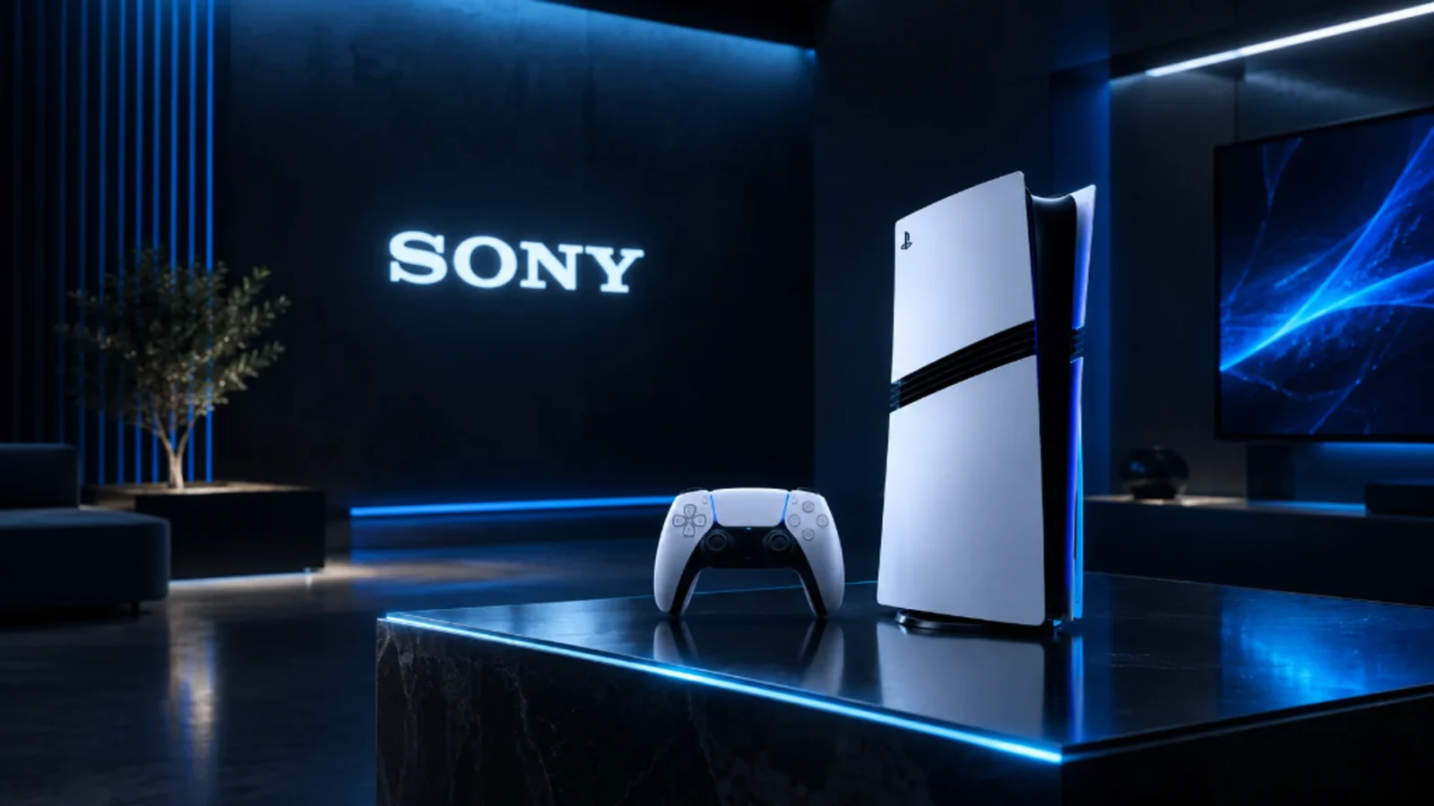 Console PlayStation 5 Pro com iluminação lateral azul e ciano e controle DualSense Edge em primeiro plano