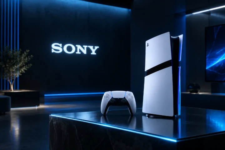 Console PlayStation 5 Pro com iluminação lateral azul e ciano e controle DualSense Edge em primeiro plano