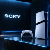 PlayStation 5 Pro console with cyan and blue side illumination and DualSense Edge controller in foreground