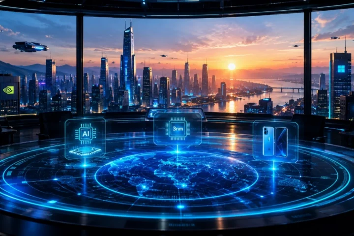 Painel de comando com radar holográfico circular exibindo notícias matinais de IA e chips sob o nascer do sol