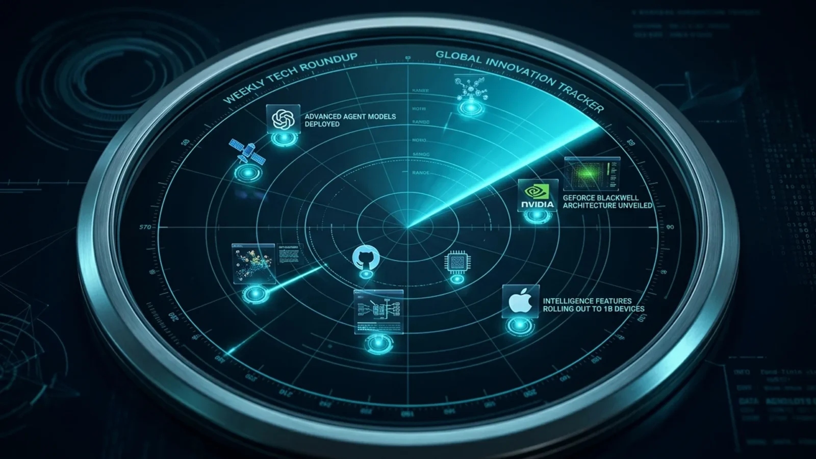 Tela de radar ciano com blips marcando as principais notícias de tecnologia da semana de 1 a 8 de setembro de 2026