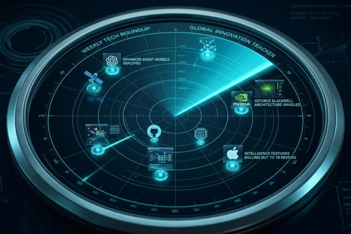 Tela de radar ciano com blips marcando as principais notícias de tecnologia da semana de 1 a 8 de setembro de 2026