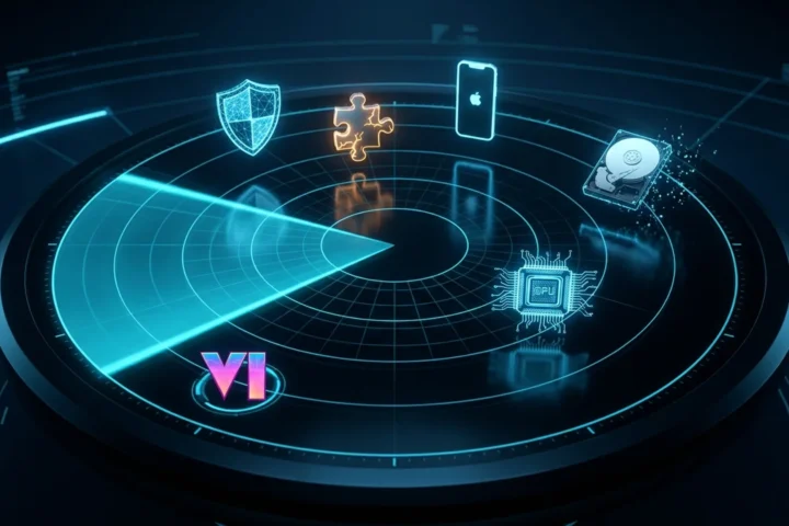 Tela de radar ciano com blips marcando as principais notícias de tecnologia da semana de 17 a 20 de setembro de 2026