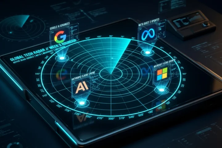 Tela de radar ciano com blips marcando as principais notícias de tecnologia da semana de 9 a 16 de setembro de 2026