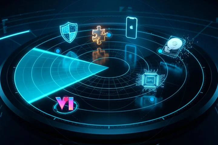 Painel de comando panorâmico com globo de radar holográfico azul-marinho e ciano destacando os nós de notícias de tecnologia