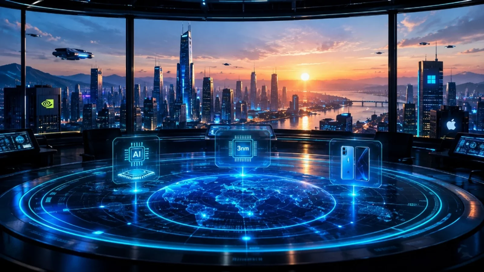 High-tech command center with circular holographic radar console displaying morning AI news at sunrise