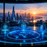 High-tech command center with circular holographic radar console displaying morning AI news at sunrise