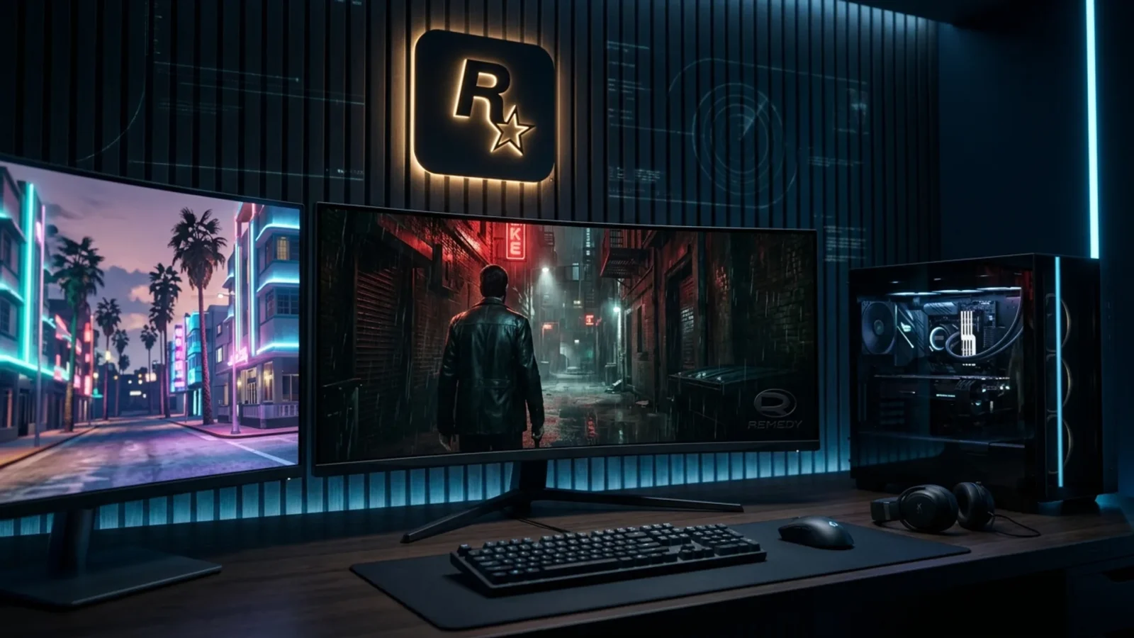 Dark panel with three screens: GTA Online, Max Payne in red neon and a gaming PC, Rockstar logo in cyan light