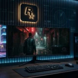 Dark panel with three screens: GTA Online, Max Payne in red neon and a gaming PC, Rockstar logo in cyan light