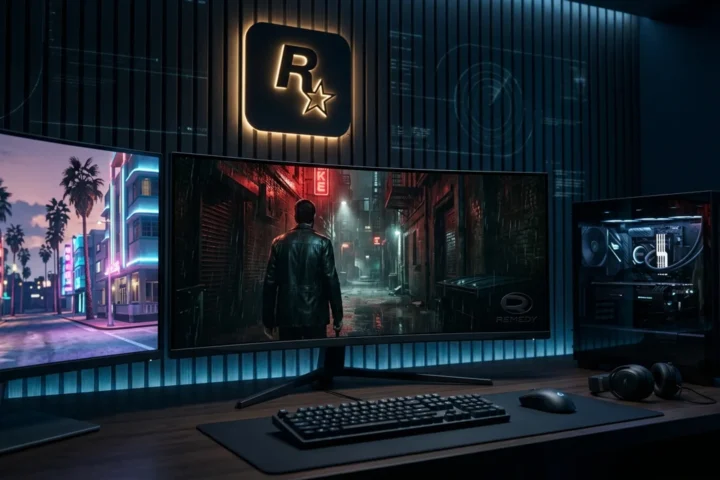 Painel escuro com três telas: GTA Online, Max Payne em neon vermelho e um PC gamer, logo da Rockstar em luz ciano