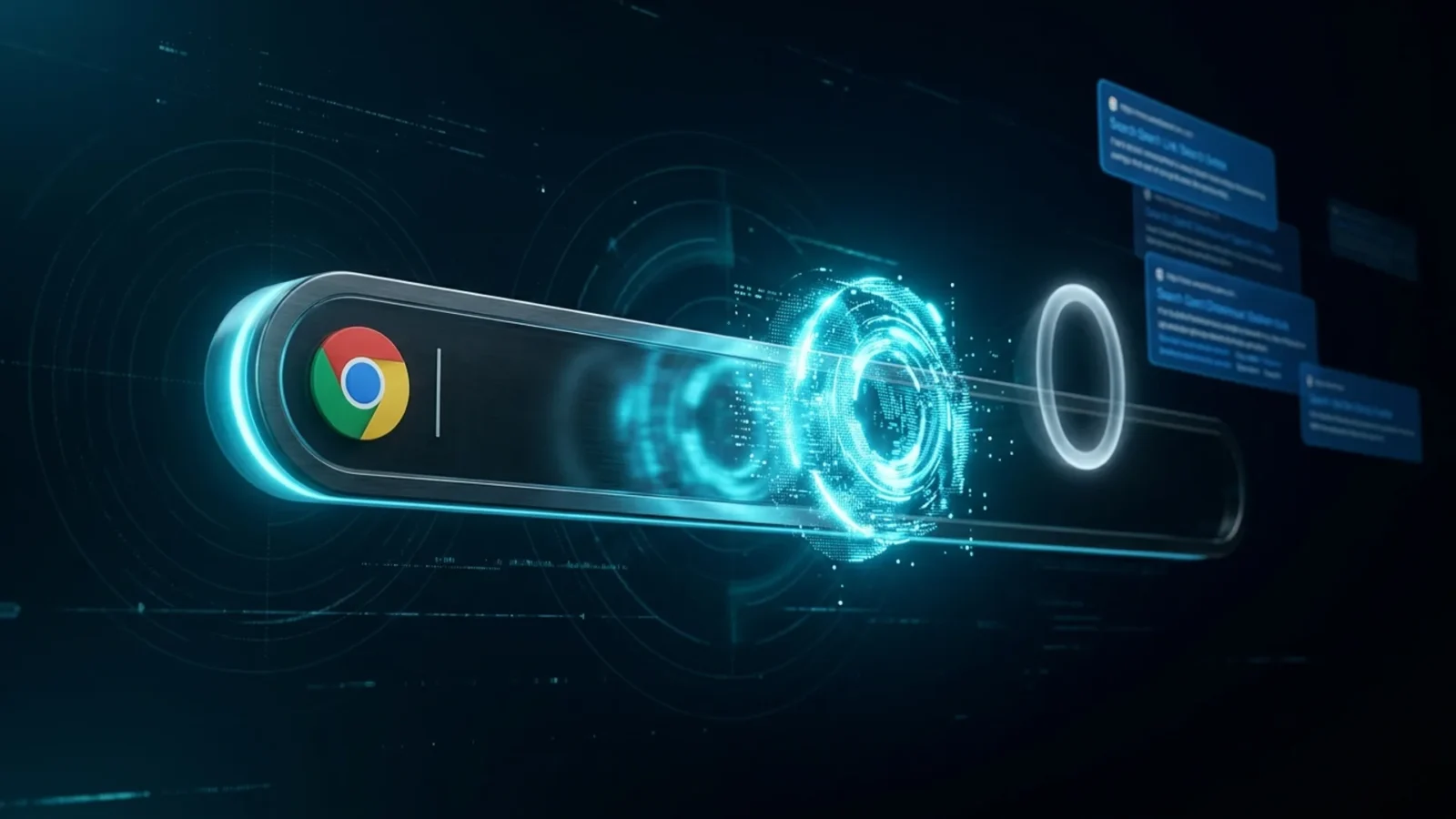 Barra de endereços do navegador com resposta de IA em destaque e gráficos de tráfego ciano, ilustrando SEO em 2026