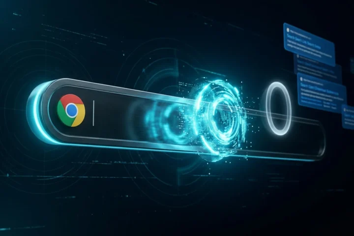 Barra de endereços do navegador com resposta de IA em destaque e gráficos de tráfego ciano, ilustrando SEO em 2026