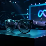 Snap Specs glasses with lenses showing a cyan holographic interface, Snap logo prominent on a dark background