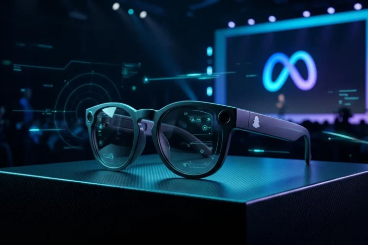 Snap Specs glasses with lenses showing a cyan holographic interface, Snap logo prominent on a dark background
