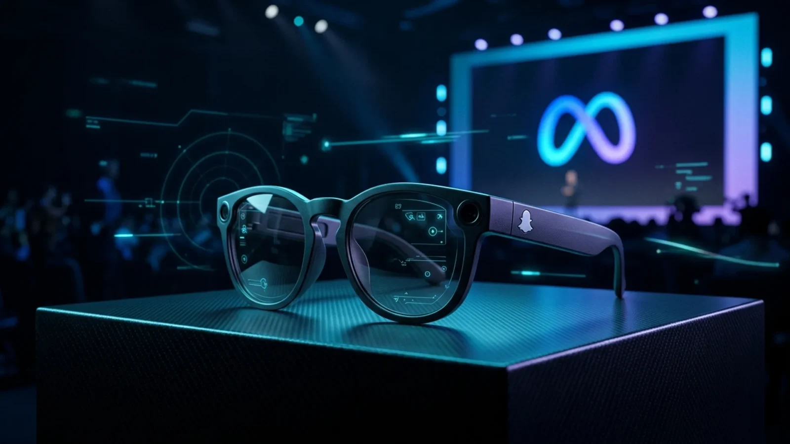 Óculos Snap Specs com lentes exibindo interface holográfica ciano, logo da Snap em destaque sobre fundo escuro